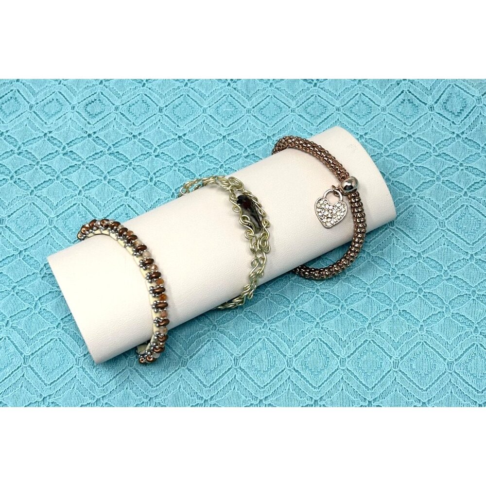 3 Bracelets - Beaded With Heart Charm, Wire wrapped gemstone,‎ & Layerd Beads.
